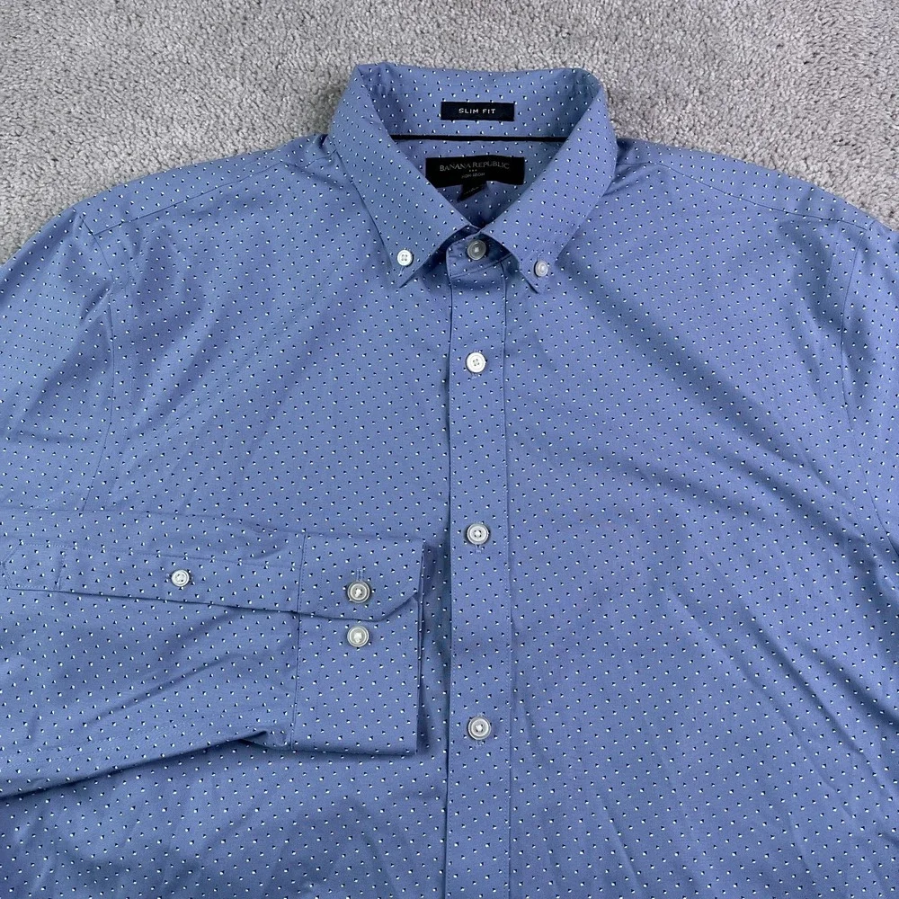 Banana Republic Shirt Mens Large Blue Geometric Slim Fit Non‎ Iron Button Up